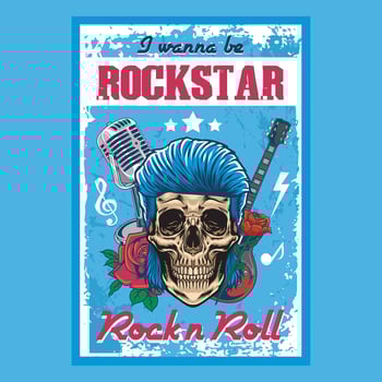 Retro Rock and roll night party festival concert poster flyer with guitar and skull head illustration vector