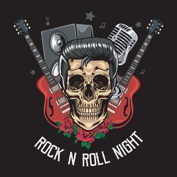 Rock and Roll Night slogan with Skull Head, Microphone, Red Roses, Electric Guitar and Speaker Illustration for Apparel vector