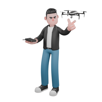 3D Cameraman Character Illustration.A cameraman stands with his left hand pointing at a drone and his right hand holding a remote. Cartoon Design Style png