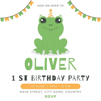 Greeting and invitation for kids first Birthday party. Cute baby frog in flat childrens style. illustration, design for card, poster, event, prints vector