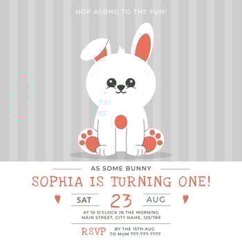 Greeting and invitation for kids first Birthday party. Cute baby bunny, rabbit in flat childrens style. illustration, design for card, poster, event, prints vector