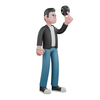 3D Cartoon Cameraman Character Artwork. A male cameraman holds a camera roll in his left hand, and his right hand is clenched. Illustration Style png
