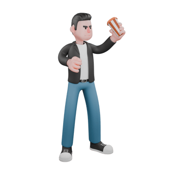 Cameraman Cartoon Art Style 3D Model. A male cameraman stands with his left hand raised holding a drink, and his right hand is clenched. Illustration Design png