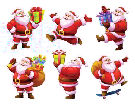 Set of cheerful Santa Claus characters in various poses with gifts and sack. Cartoon illustration vector