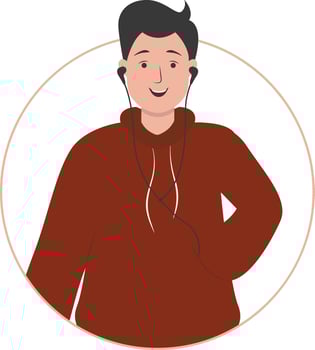 Man Listening Music Use Earphones with Dark Red Jacket vector