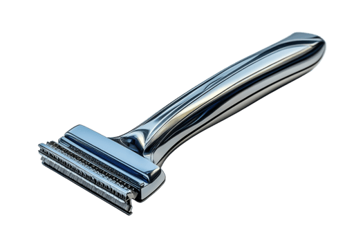 Shiny metal razor designed for close shaving displayed on a plain background png