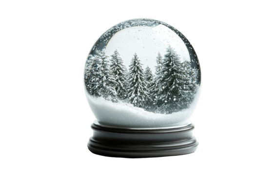 Snow globe depicting a serene winter landscape with evergreen trees and falling snowflakes created for festive decor or holiday gifts png
