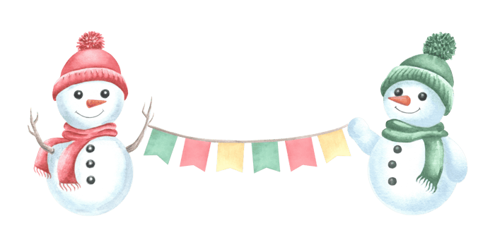 Snowmen holding colorful flags garland. Hand drawn watercolor illustration isolated. Cute characters for winter holiday design for kids. Christmas temlate for card, print, wrapping, sticker, textile. png