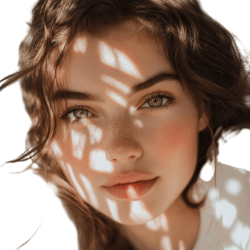 Young woman with captivating eyes poses against sunlight creating shadow patterns on her face png
