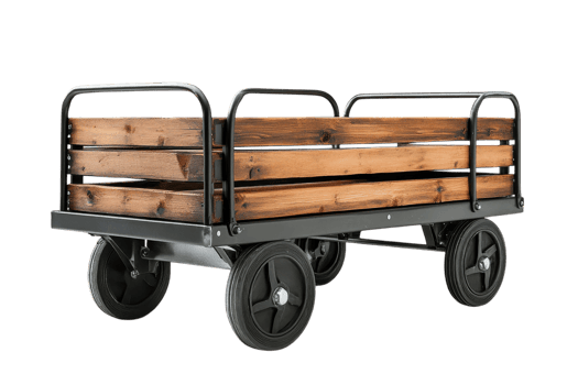 Wooden garden cart with black metal frame ideal for transporting plants and supplies png