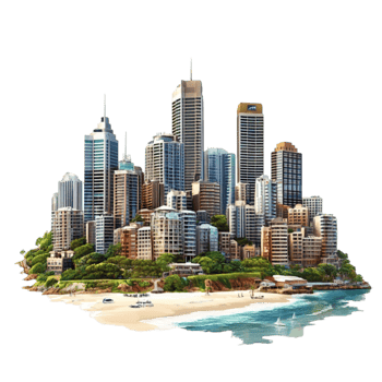 Casual city with skyscrapers on an island on transparent background png
