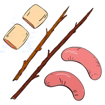 Explore fun outdoor cooking ingredients for campfire meals to enjoy with family and friends. illustration. Tourism vector