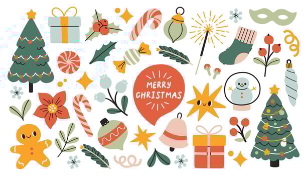 Cute Christmas set. New Year decorative hand drawn elements collection. Snowman, gifts, balls, Christmas tree, candy, gingerbreads. Perfect for scrapbooking, card, party invitation, poster, stickers. vector