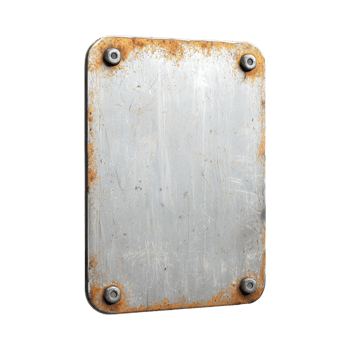 Rusty metal sign with screws and weathered surface on transparent background png