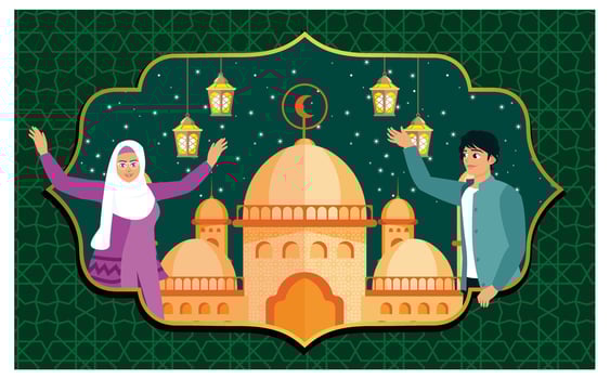 Muslim family celebrates Islamic New Year with lanterns and mosque. vector