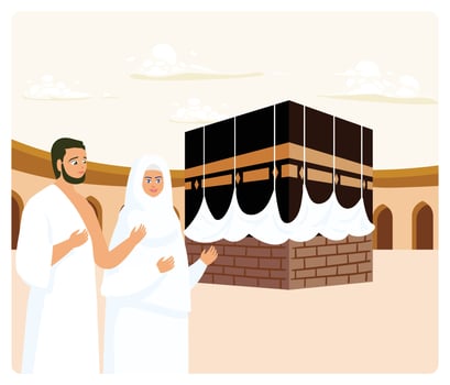 Men and women wearing ihram clothes pray in front of the Kaaba. vector