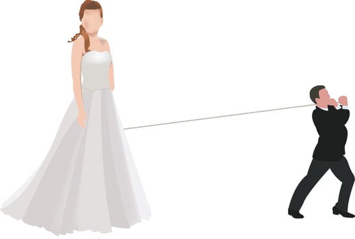 Groom pulling bride away with rope on white background vector