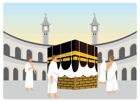 Pilgrims walk around the Kaaba seven times. vector