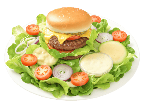 Cheeseburger Salad A deconstructed burger, with a beef patty, melted cheese, lettuce, tomato, pickles, and onions served over a bed png