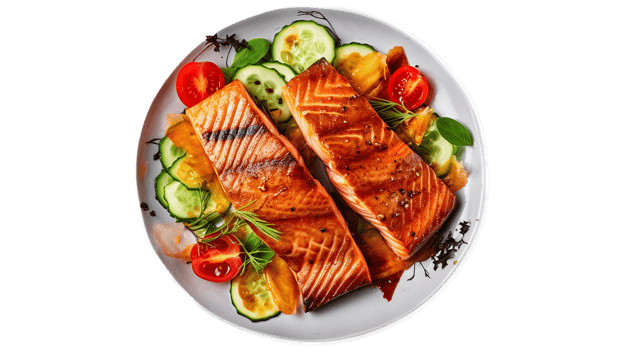 Two pieces of salmon are on a plate with vegetables png