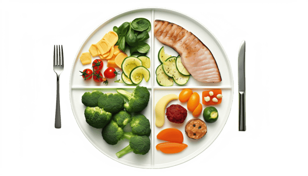 A plate with four different foods on it png