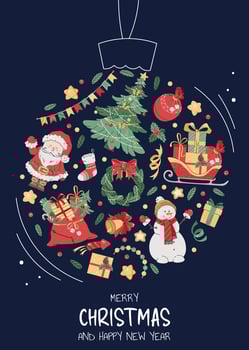 Christmas greeting card with festive elements in the form of a Christmas tree ball. Merry Christmas and Happy New Year. Banner, poster, flyer with Santa, Claus, Christmas tree, etc. vector