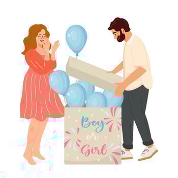 Couple expecting baby open box to find out if it's boy or girl Happy wife with pregnancy belly, husband waiting for first child Young mother and father on baby shower Gender reveal party design vector
