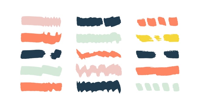 Color chalk color doodle lines, handwriting brush strokes, crayon pencil underlines. Sketch Charcoal straight horizontal lines. Scribble bright strokes. Grunge smears, thick dividers. Kids vector