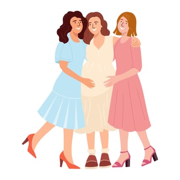 Smiling pregnant girl in white dress hugging her girlfriends on baby shower party. Happy mother with pregnancy belly. It's boy or girl gender reveal party design element isolated on white vector