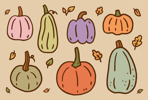 A set of cute autumn pumpkins on a beige background. hand-drawn doodle illustration. Perfect for decorations, menu, logo, various designs. vector