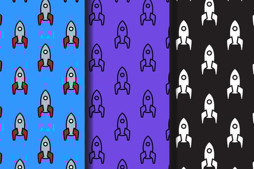 rocket lunch colorful pattern on blue, purple, black background set. doodle rocker spaceship outline symbol seamless pattern background. funny galaxy rocket seamless pattern for decor and merchandise vector