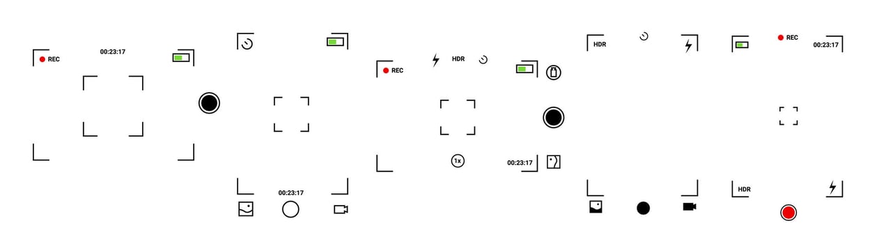 Digital camera app interface with settings and viewfinder. vector