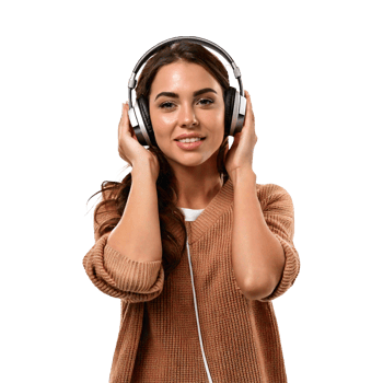 a girl with headphones on her head listening to music png