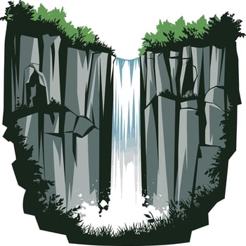 A waterfall with a green forest and rocks vector