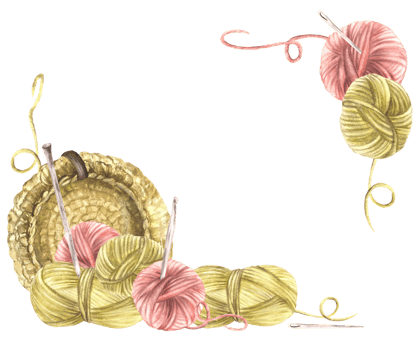 Balls of yarn with handmade basket and knitting needles banner. Pastel Coloured Skein of knitting thread with crochet hook card template. Watercolor hand drawn illustration isolated from background png