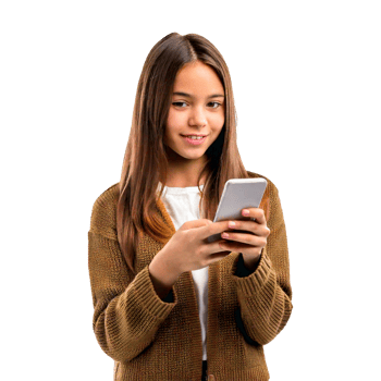 a girl is texting on a phone and the screen is on. png