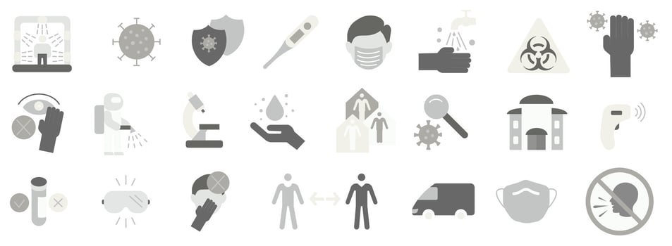 Colored icons related to the virus and its treatment. Preventing the spread of the virus. Virus and its treatment. vector