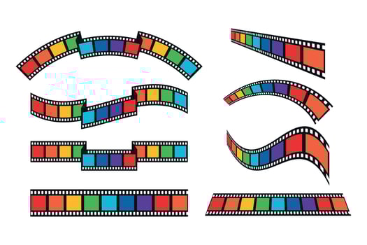 Set of different shaped rainbow colored film strips. Film ribbon of various shapes vector