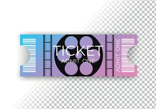 Modern movie or cinema ticket design decorated with film reel and filmstrip. Front view with barcode. Cinema ticket template vector