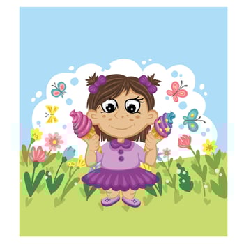 Girl enjoying two ice creams in a flowery meadow vector