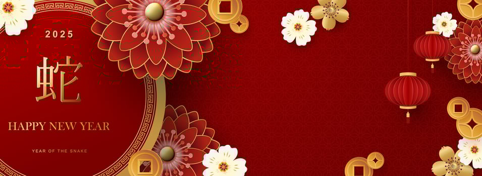 Happy Chinese New Year 2025, Snake zodiac sign with flower, lantern, pattern, clouds, Asian elements in red, gold paper in cutout style on color background. Translation Happy New Year of the Snake vector