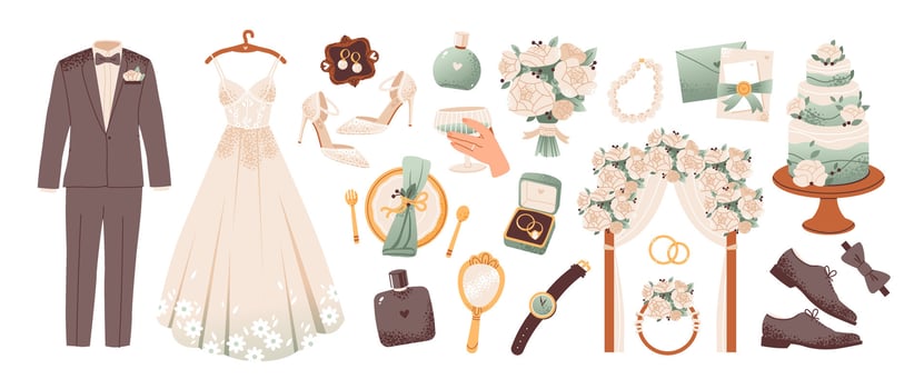 Wedding set with romantic bridal dress, jewelry, flowers, cake, and rings. Flat illustration. vector