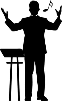 Silhouette of Orchestra Conductor Leading Performance with Musical Notes Art vector