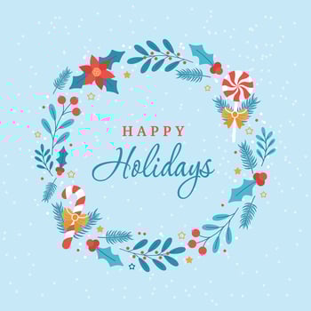 Christmas and New Year card with a wreath of branches and flowers and the text Happy Holidays vector
