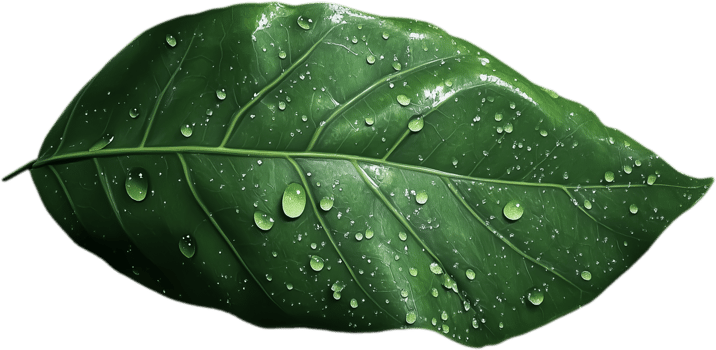 Close-up digital artwork of a green leaf with realistic water droplets, highlighting the intricate veins and surface texture against a transparent background. png