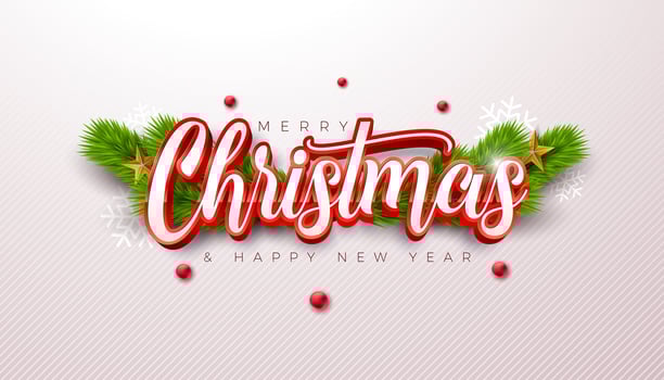 Merry Christmas and Happy New Year Banner with Fir Branch and 3d Typography Lettering on White Background. Holiday Season Banner Design for Greeting Card, Party Flyer, Celebration Poster and vector