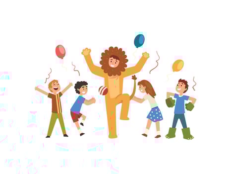 Happy Children Having Fun with Animator in Lion Costume at Birthday or Carnival Party, Entertainer in Festive Costume Performing Before Kids Illustration vector