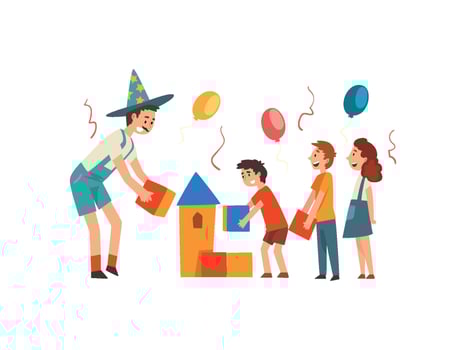 Happy Children Having Fun with Animator at Birthday Party, Entertainer in Funny Costume Playing with Kids Illustration vector