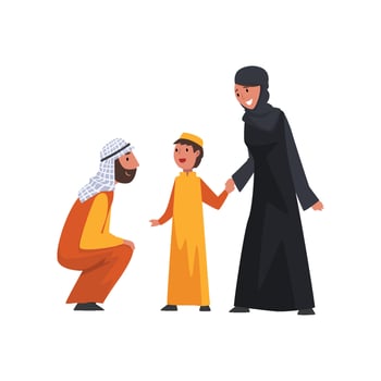 Happy Arab Family in Traditional Clothes, Muslim Parents with Their Son Illustration vector