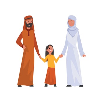 Happy Arab Family in Traditional Clothes, Muslim Parents with Their Smiling Daughter Illustration vector